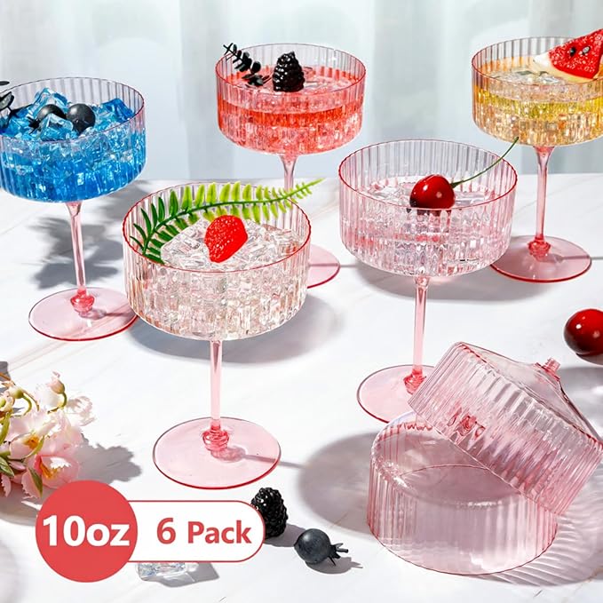 6 Pcs Ribbed Martini Glasses 10 oz Disposable Plastic Vintage Ribbed Coupe Glasses Unbreakable Dessert Parfait Glassware for Wedding Birthday Party Supplies (Pink)