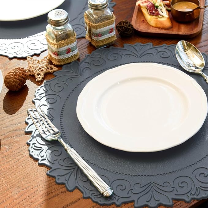 Noctiflorous Round Faux Leather 15 Inch Placemats Set of 4 Waterproof Wipeable Heat Resistant Tablemat for Dining Table Kitchen Non Slip Washable Oilproof Table Place Mat(Graphite Gray, 4)