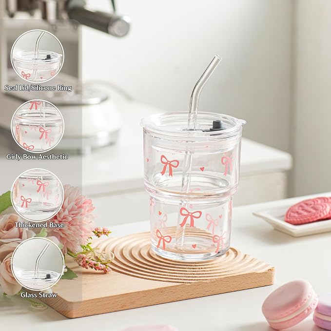 INSETLAN 13 oz Bow Decal Glass Tumblers Set of 2, Thick Wall Glass Cups - Image 8