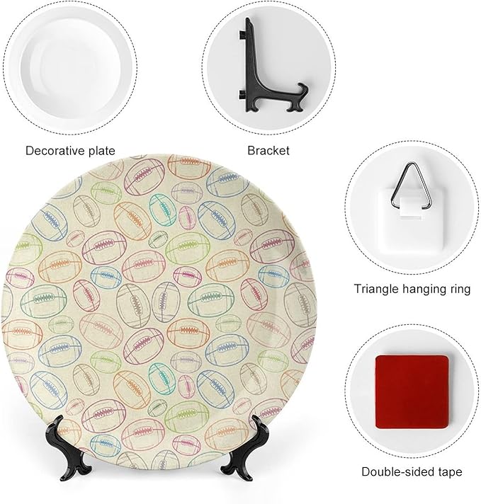 Decorative Plates, American Football Print Ornament, Grunge Looking Hand Drawn Sports Sketch, 10 Inch, 1 Plate with 1 Display Stand, Multicolor