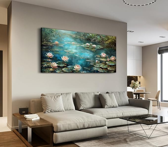 ADJUVANT Wall Art Impressionist Water Lily Pond 48" L x 24" W, Lotus Flower Canvas Painting Nature Artwork Green Water and Pink Blooms Prints Wall Decor for Living Room Bedroom Study Home Office