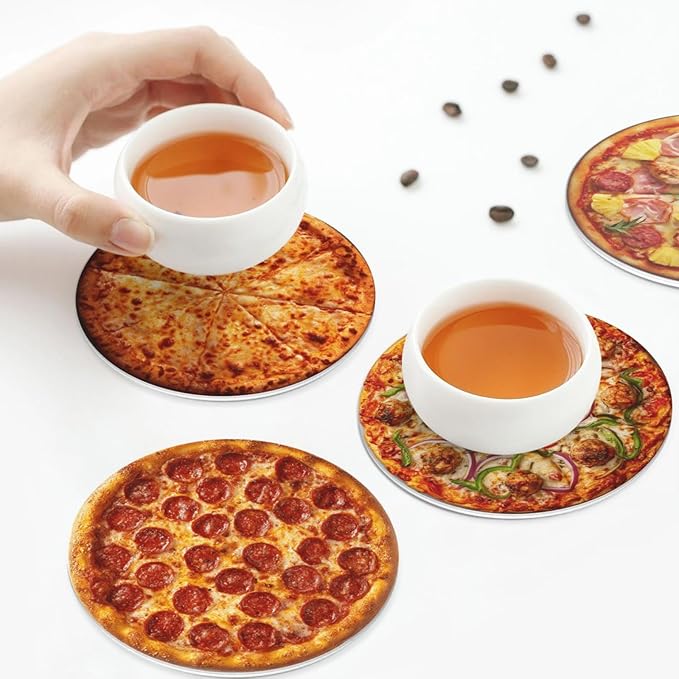 Pizza Coasters for Drinks with Holder Round Leather Coasters Set of 6 Cups Mugs Mat Pad for Home Kitchen Bar