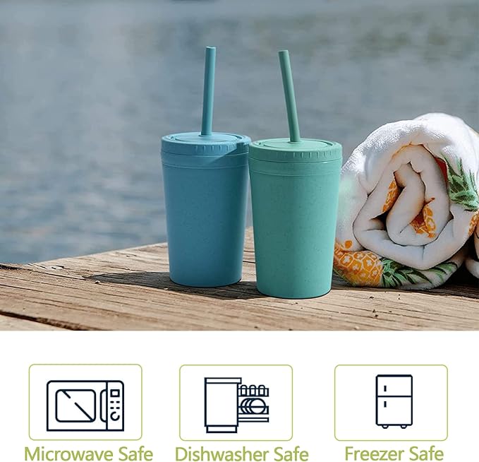 Homestockplus Reusable Wheat Straw Cups with Lids and Silicone Straws, 10 Oz Chip Resistant E-Co Friendly Small Water Cups for Milk, Drinks, Smoothies - 4 Colors