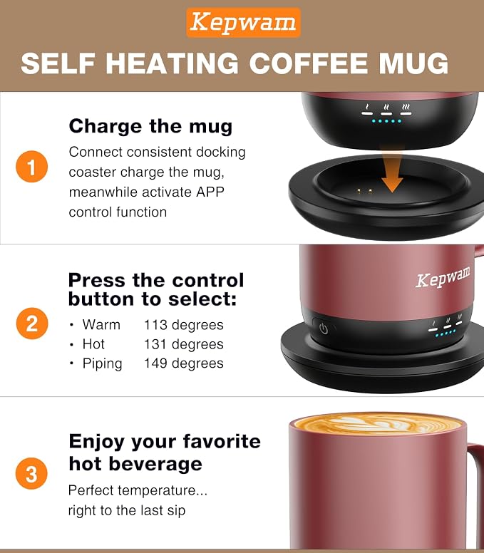 Kepwam Self-Heating Coffee Mug T1, 16oz Rechargeable Heated Coffee Mug - Image 3