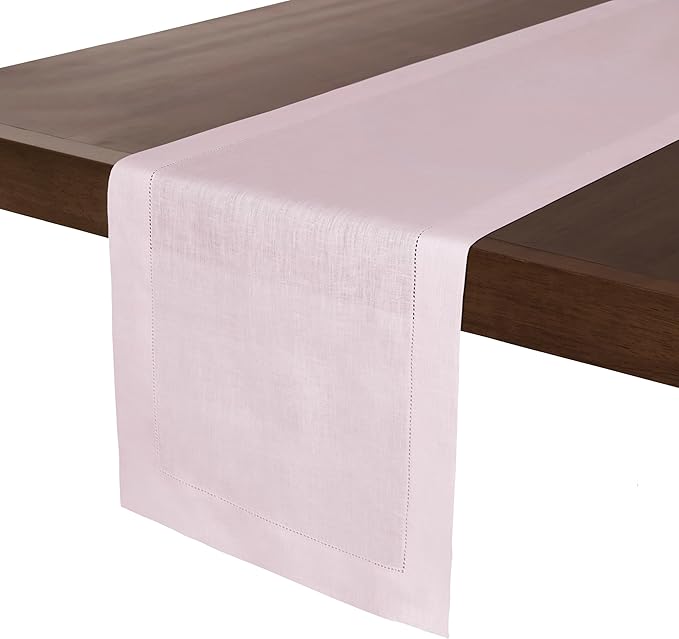 D'Moksha Homes Linen Pastel Pink Table Runner 48 Inches - Classic Hemstitch, 100% Pure Linen Coffee Table Runner 14 x 48 Inch Ideal for Dresser Tables, Valentines, Spring, Easter