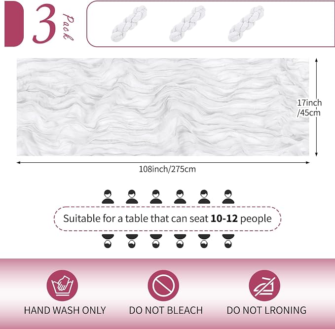 3 Pack White Cheesecloth Table Runner 17x108 Inch Semi Sheer Boho Gauze Cheese - Image 2