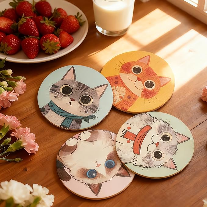 Coasters Set of 4, Wood Coasters for Drinks - Handcrafted Cat Design Thick Heat-Resistant for Beer, Coffee, Office, Bar, Farmhouse Home Decor, Tabletop Protection, for All Cups