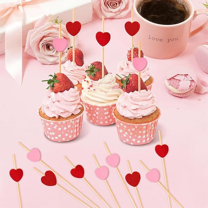 120 PCS Pink Love Heart Shaped Cocktail Picks, 4.7Inch Bamboo Fancy Toothpicks for Appetizers, Cocktail Skewers Sticks Selected for Weddings, Valentines Day, Desserts, Charcuterie, Food, Drinks