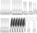 32Pcs Serving Utensils Set Serving Spoons, Buffet Tongs, Cake Spatula, Forks, Perforated Ladles, Soup Scoops, Skimmers and Black Heavy-Duty Serving Tongs (Silver)