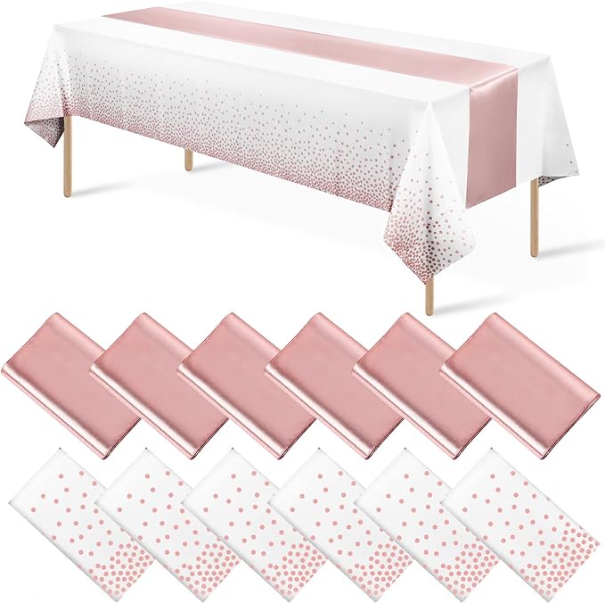 12 Pack Disposable Plastic Tablecloths and Satin Table Runner Set White and by MASHAN