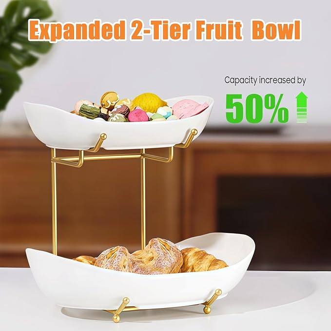2 Tier Ceramic Fruit Bowl for Kitchen Counter, Tiered Fruit Basket for Countertop, Modern Multi Layer Fruit Display Stand for Party, Cute (Gold&White, Large)