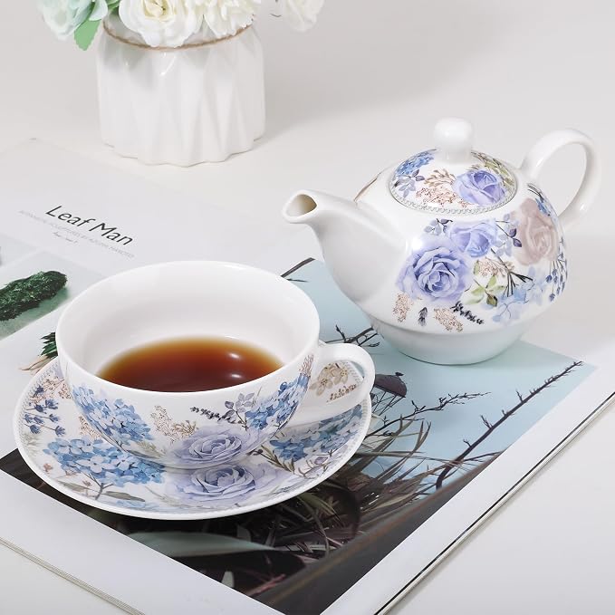 fanquare Blue and Purple Roses and Hydrangeas Porcelain Tea - Image 4