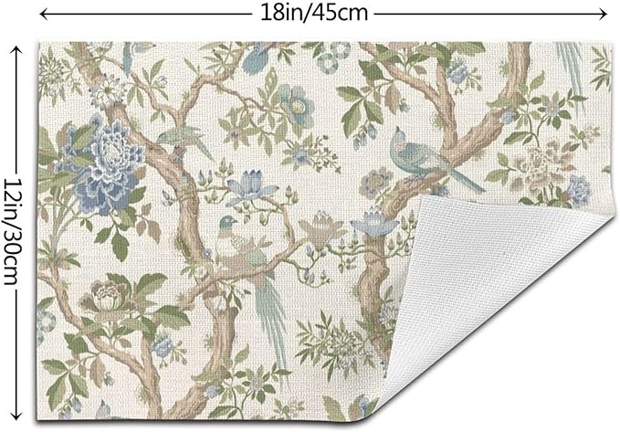 Chinoiserie Floral Place mats Set of 4, 12x18 Inches Green Blue Birds Flower Decorative Placemats Rectangle Floral Table Mats for Party Home Kitchen Dining Table Decoration