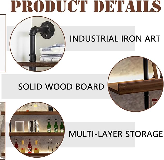78.7in Large Wine Rack with LED Light Solid Wood Wall Mounted Wine Rack, 3-Tiers Liquor Bottles Floating Shelves Display Storage Organizer for Home Bar & Dining Room (200cm/78.7in)