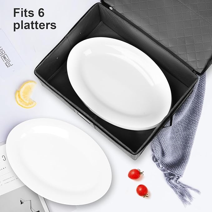 China Storage Containers, Platter Storage 17" x 13" x 6" for Dinnerware Storage and Transport, 5 Large Felt Dividers Included, Hard Shell and Stackable (Black)