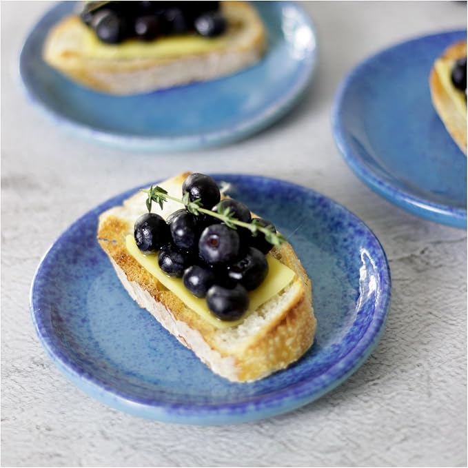 roro 5 Inch Ceramic Handmade Canape Plates, Glossy Coral Blue, Set of 4