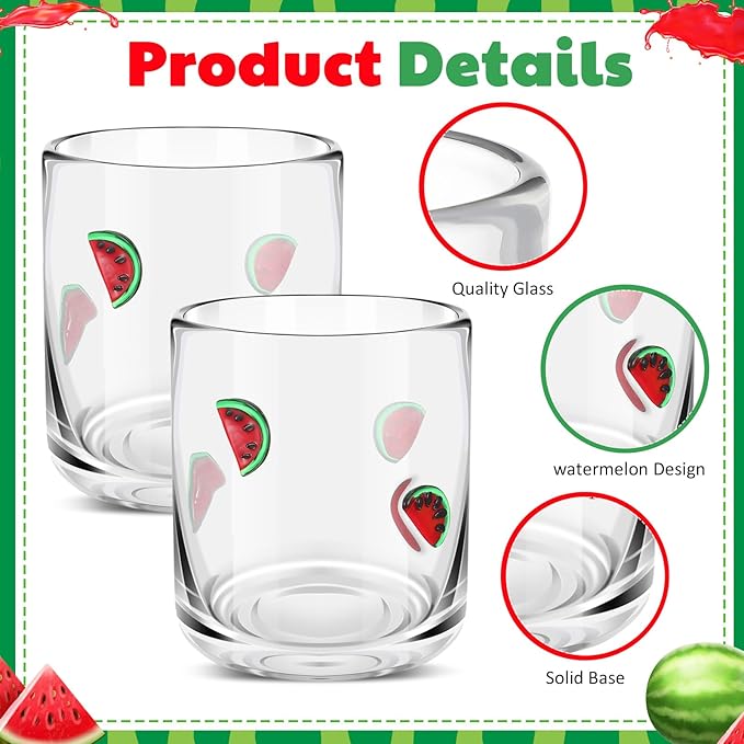 Icon Juice Glasses, 14oz Stemless Wine Drinking Juice Glass Cup for Valentine Party Supplies Gift(2 Pcs,Watermelon)