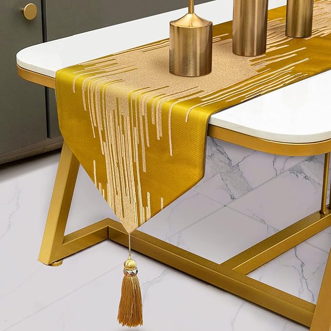 Luxury Elegant Gold Table Runner 120 Inches Long, Modern Geometry, Tassels | by Fullony
