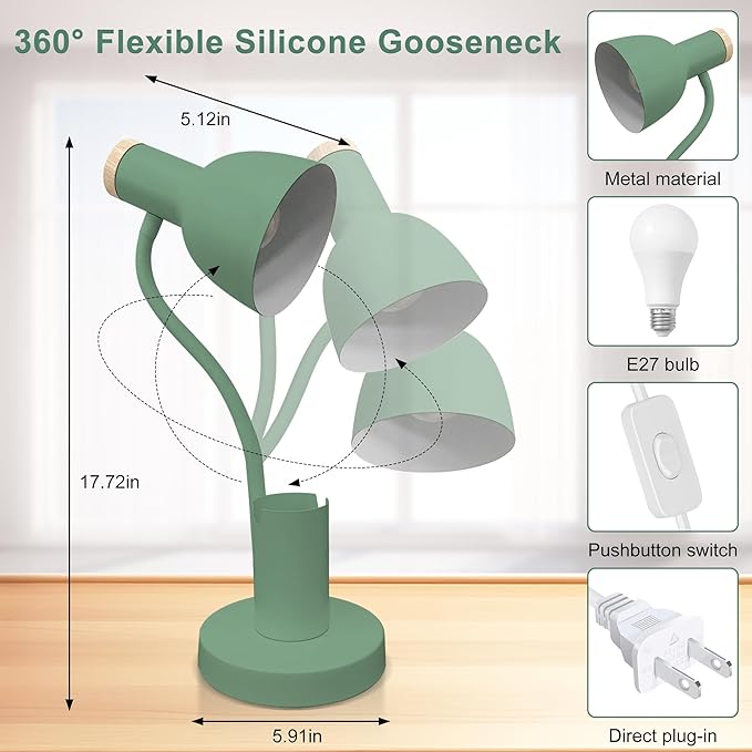 WLHONG LED Desk Lamp, Table Lamps with Pen Holder, 3 Color Modes Eye-Caring Reading Light with Flexible Gooseneck, Study Lamp for Kids Bedside Home Office Room College Dorm Essentials (Green)