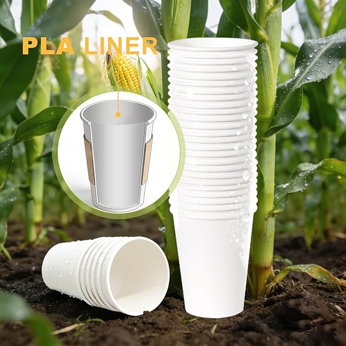 100 Pack 12 oz Disposable Coffee Cups with Lids and Sleeves, Leak-Proof To Go Coffee Cups, PLA White Paper Coffee Cups for Hot Beverage