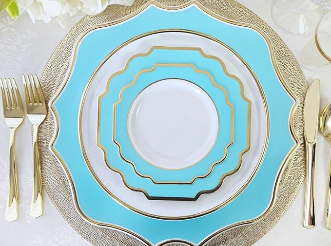 " OCCASIONS " 80 Plates Pack,(40 Guests) Heavyweight Wedding Party Disposable Plastic Plates -40 x 10.5'' Dinner + 40 x 8'' Salad/Dessert Plate (Imperial Aqua/Gold))