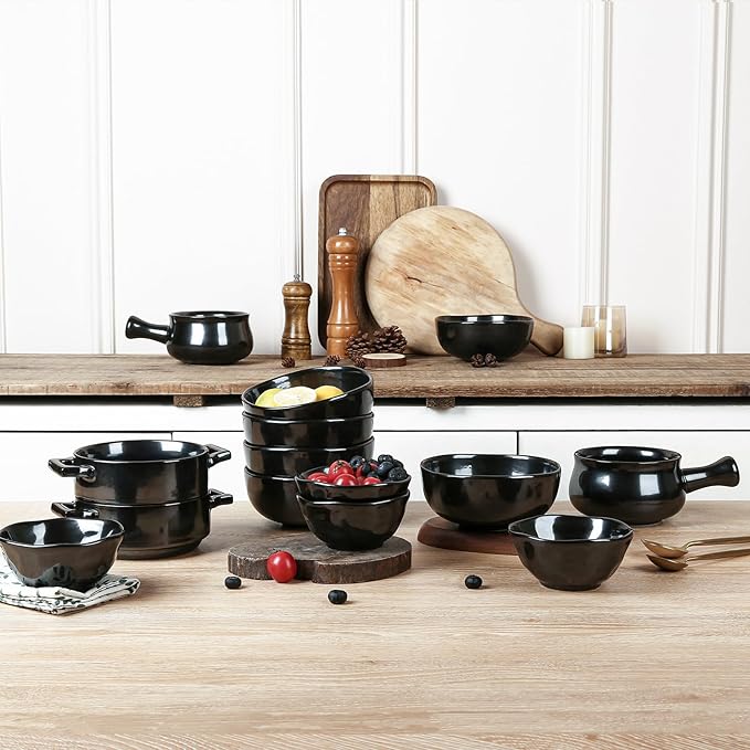 vicrays Ceramic Cereal Bowls Set - Porcelain 26 Ounce Soup Salad Bowls Set - Rice Dessert Cream Bowls Set - Chip Resistant Dishwasher Microwave Safe - Set of 6 (Black)