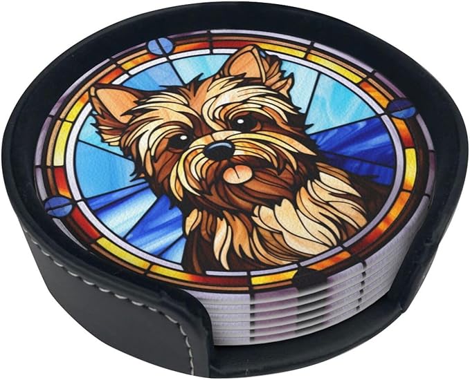 Drink Coaster Set of 6, Yorkshire Terrier Dog Mom Lover Gift,Leather Drink Coasters with Holder,6 Pack Cup/Bar/Drink Coasters for Table/Drinks/Coffee Protection Housewarming Gift