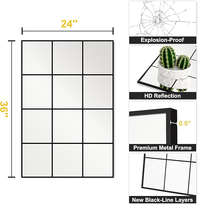 Window Pane Wall Mirror, 36"x24" Wall Mounted Window Mirror for Living Room, Bedroom, Entryway, Dining Room, Home Wall Decor