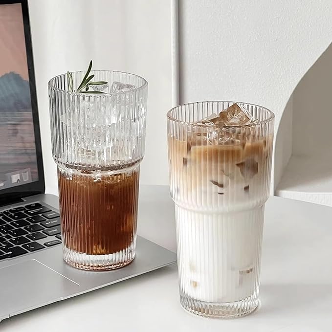 Drinking Glasses，19oz Ribbed Glassware, 4 Pack Old Fashioned Glasses,Thickened glass for iced coffees, smoothies, cocktails and juices, perfect for families and parties (4)