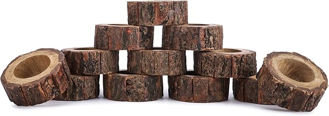 Ajuny Napkin Rings Wooden Set of 12 Handmade 1.5 Inch Decorative Round Shaped Holders with Bark Edge Natural Design for Table Dining Parties Special Occasions Kitchen & Home Decor Gift