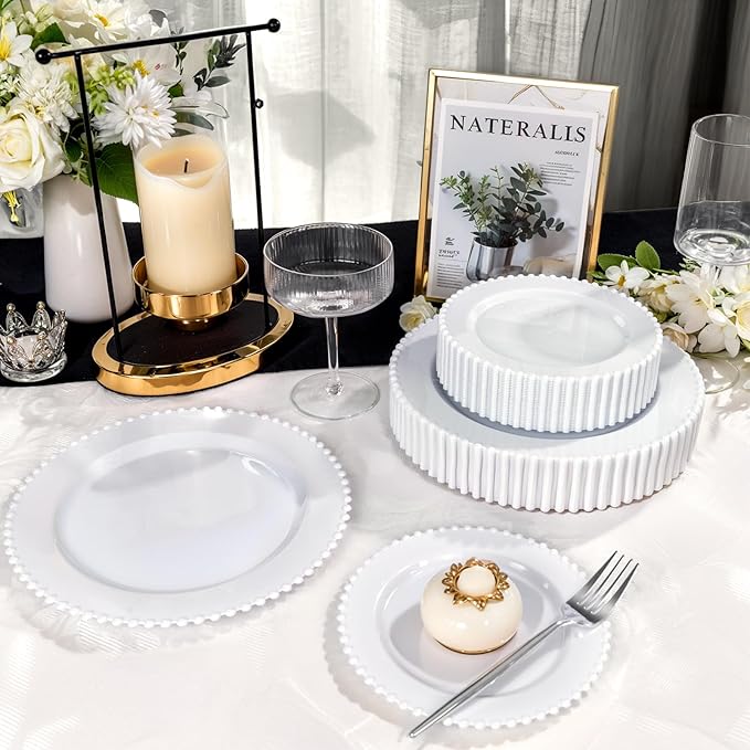 U-QE 60PCS White Plastic Plates - Fancy Beaded Plates Disposable Heavy Duty - Premium Hard Plastic Plates for Party, Wedding & Birthday Including 30 Dinner Plates 10" & 30 Dessert Plates 7"