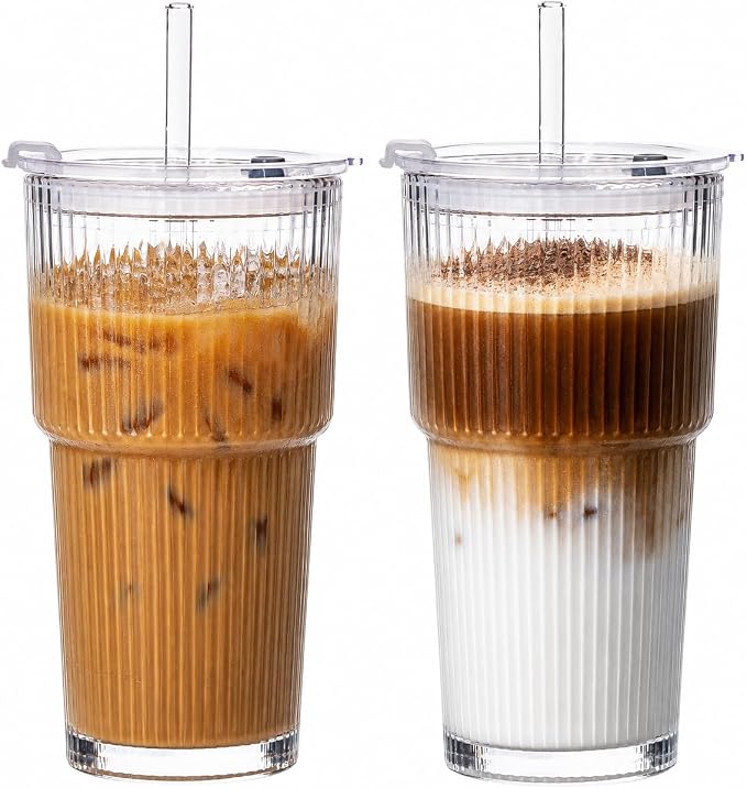 20oz Iced Coffee Cups with Lids, Glass Coffee Cups with Lids and Straws | Clear by VA1KENE