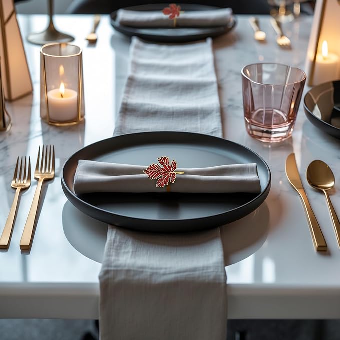 Decozen Set of 12 Red Gold Napkin Rings in Leaf Design, Festive, Table Decor Setting for Holiday, Wedding, Birthday, Kitchen, Home Decor, Housewarming Gift - Thanksgiving & Christmas Gift Decoration