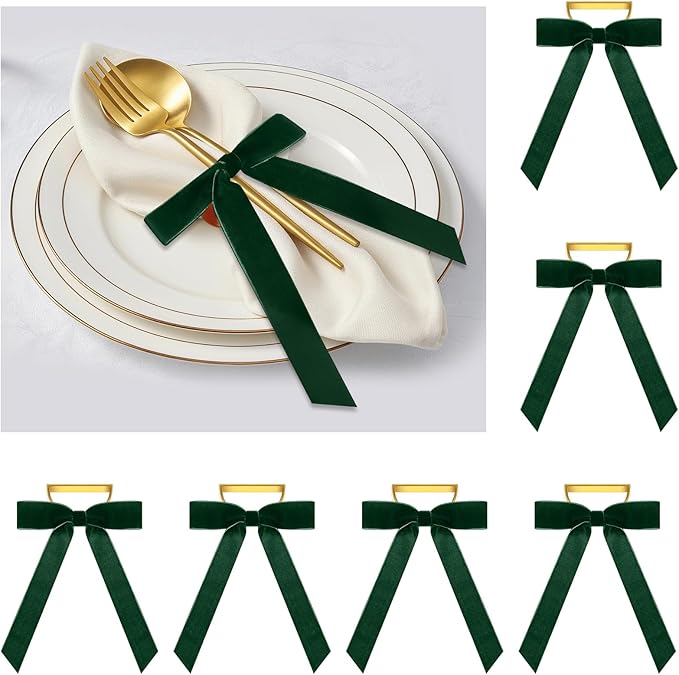 Riceshoot Velvet Bow Napkin Rings Bows with Gold Semicircle Metal Napkin Ring Velvet Bow Holder for Wine Bottles Table Settings Candlestick Wedding Valentine's Day Dinner(Green,6 Pcs)