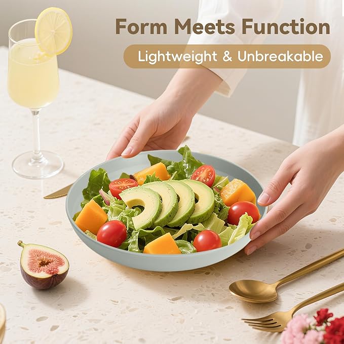Wheat Straw Plates 9 Inch, Unbreakable Plastic Plates Reusable, Dinner Plates Set of 8, Lightweight Kitchen Plate, Dishwasher & Microwave Safe Plate for Outdoor, Camping, Picnic(Black, Grey)