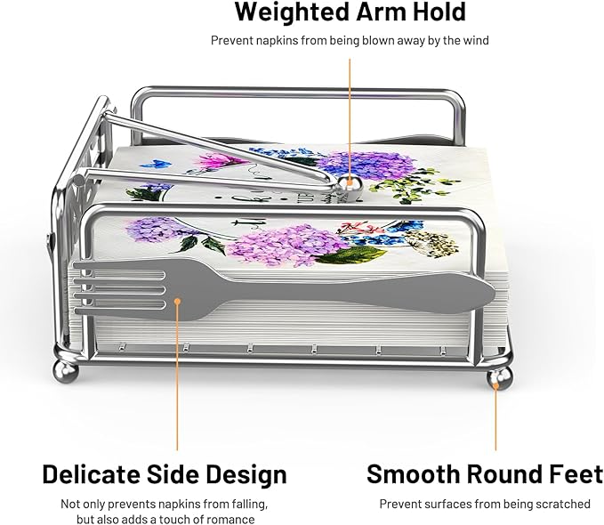 Napkin Holder for Table, Flat Napkin Dispenser with Weighted Arm, Square Cocktail Paper Holder of Elegant Rustic Iron for Kitchen Dining Room Decor Restaurant Farmhouse Hotel Party, Silver