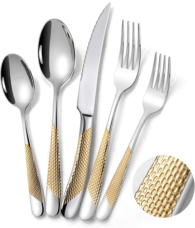 20-Piece Hammered Silver Gold Silverware Set by Lemeya