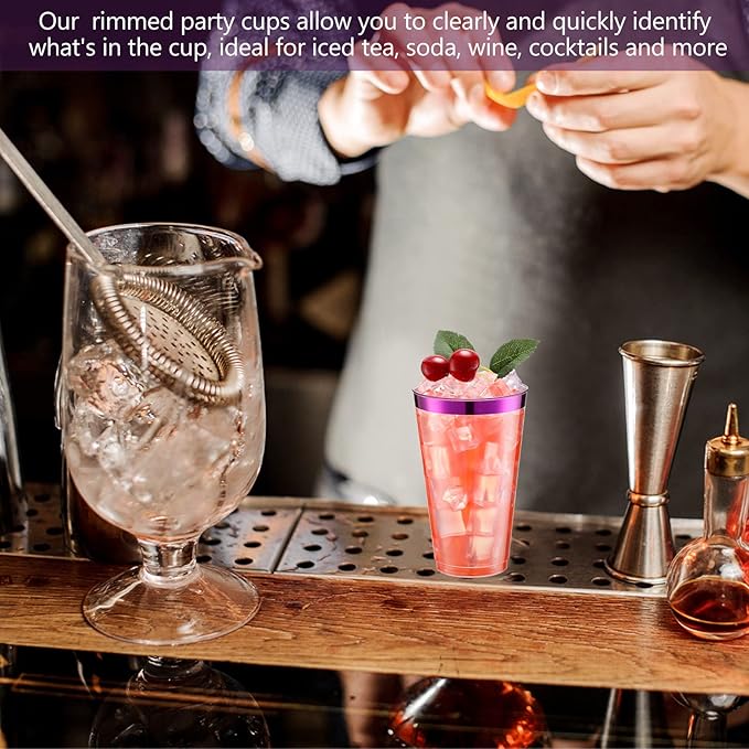 Patelai 100 Pcs 16oz Plastic Cups Disposable Rimmed Cups Heavy Duty Drinking Wine Glasses for Christmas Winter Birthday Beer Taste Serving Snack Sample Tastings Barbecues Picnic(Purple)