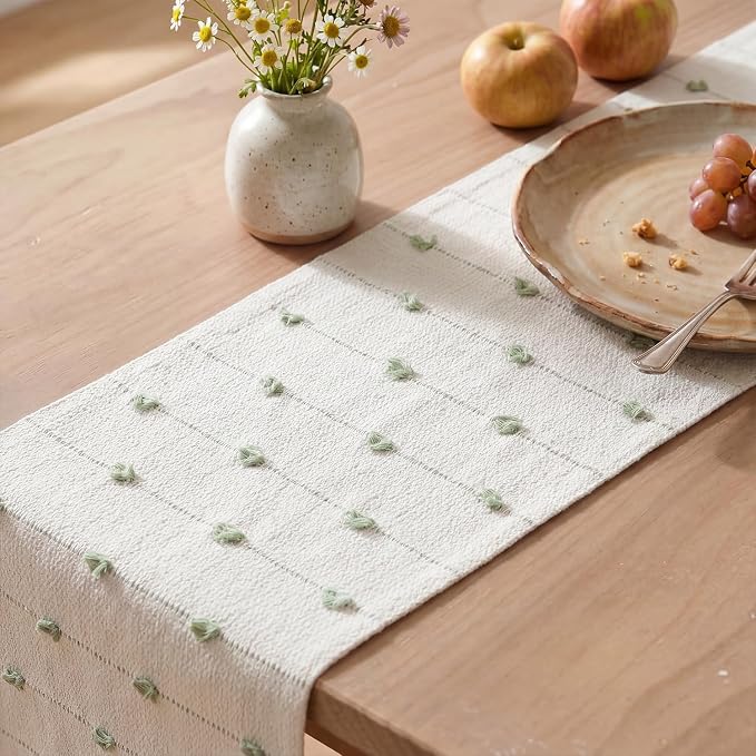 Artoid Mode Sage Green Boho Farmhouse Cotton Woven Table Runner, Seasonal - Image 4