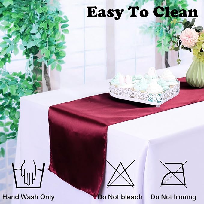 10 Pack Satin Table Runner Burgundy 12x108In Long, Bright Silk Table Runner | - Image 2