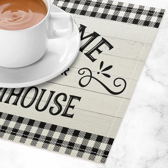 Vintage Farmhouse Placemat Set, Rustic Minimal Black White Check Inspirational Quotes Sketch Sunflower Pattern Home Decoration Linen Table Mats for Dining Room Kitchen Party (17x12in) x2P