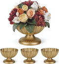 Set of 4, 9'' Wide 6.5'' High Distressed Gold Compote Pedestal Vases, Antique Metal Large Gold Compote Bowl Vase for Centerpieces with Waterproof Liner