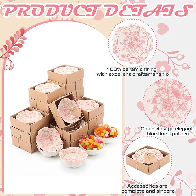 12 Pcs Wedding Favors for Guests Small Ceramic Bowl Bulk Gifts Set 3.3 Inch Floral Design Mini Dipping Sauce Dish with Card Box for Bridal Pooja Baby Shower Birthday Guest Gift (Pink)