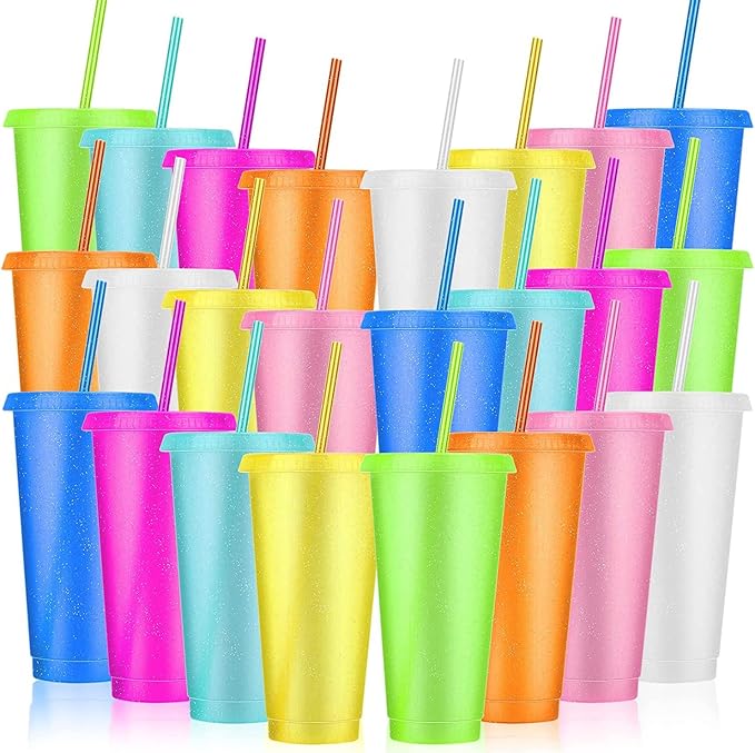 24 Pack Plastic Tumblers with Lids and Straw, Reusable Cups with Lids and by LEIFEOSH