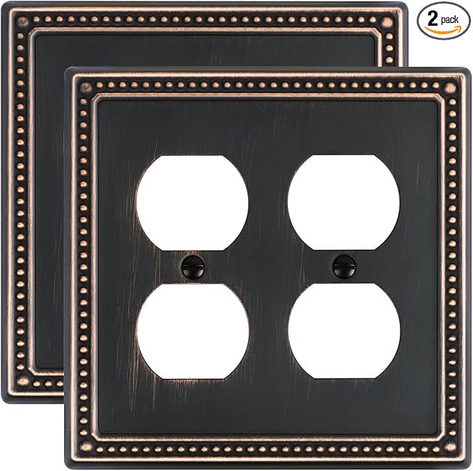 2-Pack Double Duplex Outlet Cover, Aged Bronze Metal Switch Plates and Outlet Covers, Pearls Decorative Wall Plates for Electrical Outlets, 2 Gang Receptacle Cover, Corrosion Resistant