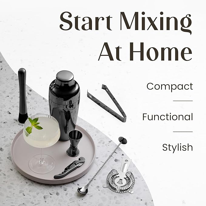 Mixology & Craft Cocktail Shaker Set with Dark Bamboo Stand - Professional 10-Piece Bartender Kit - Complete Bar Set & Cocktail Mixer Kit for Home (Gun Metal)
