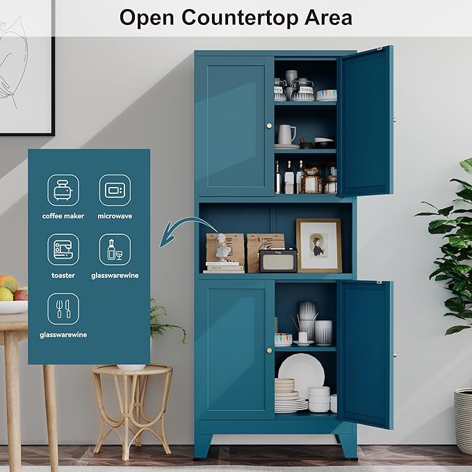 Metal Pantry Storage Cabinet, 69" Tall Storoge Cabinet with 4 Doors & 3 Adjustable Shelves, Microwave Stand with Storage for Kitchen, Dining Room, Living Room (1PC,Blue)