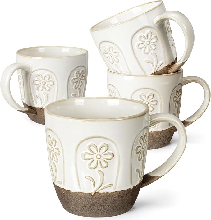 Artena Ceramic Coffee Mugs Set of 4, 16oz Embossed Large Latte Mugs Coffee Cups by Artena