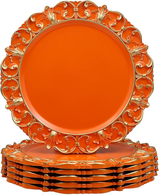 Orange Charger Plates Set of 6, Decorative Table Plastic Chargers for Dinner Plates, Party, Wedding, Thanksgiving, Christmas, FD15O