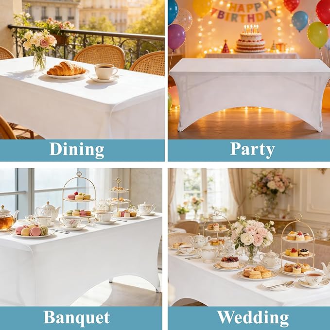 VidaFete Spandex Tablecloth 4FT, Fitted Stretch Table Cover for Rectangle Tables, Wrinkle Resistant and Washable Tablecloths for Outdoor, Picnic, Party, Wedding, Banquet, Birthday, White
